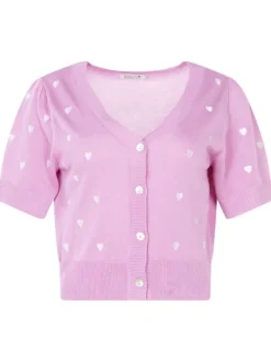 Cardigan rose avec des cœurs imprimés à col v et coupe droite