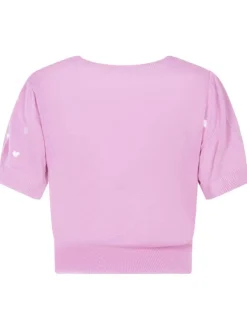 Cardigan rose avec des cœurs imprimés à col v et coupe droite