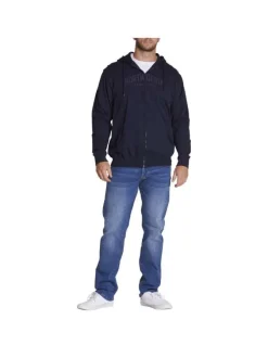 Cardigan zippé à capuche uni marine en coton et 2 poches latérales