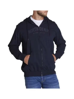 Cardigan zippé à capuche uni marine en coton et 2 poches latérales