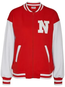 Cardigan zippé rouge et blanc avec une coupe oversize et un col teddy