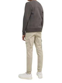Cargo en coton biologique beige uni à coupe slim fit et à taille mi-haute