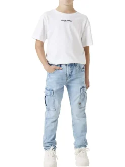Cargo en coton bleu stone uni avec une coupe slim et une taille mi-haute