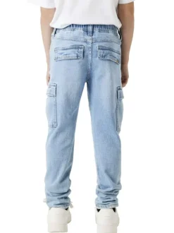 Cargo en coton bleu stone uni avec une coupe slim et une taille mi-haute