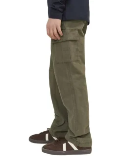 Cargo en coton kaki uni à coupe regular fit et à taille mi-haute