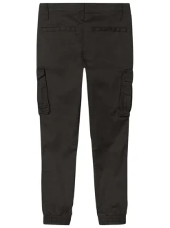 Cargo en coton noir uni avec une coupe slim élastiquée aux ourlets et 6 poches