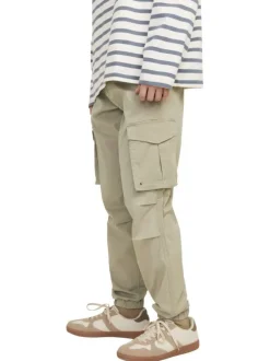 Cargo en coton écru uni avec une coupe droite et une taille élastiquée