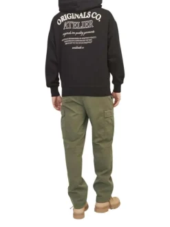 Cargo en coton kaki uni avec une coupe droite et une taille mi-haute