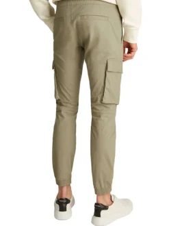 Cargo en coton kaki uni avec une coupe slim et une taille élastiquée
