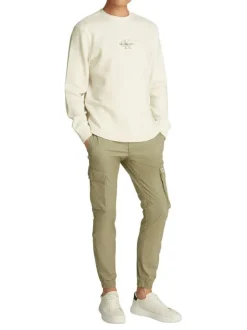 Cargo en coton kaki uni avec une coupe slim et une taille élastiquée