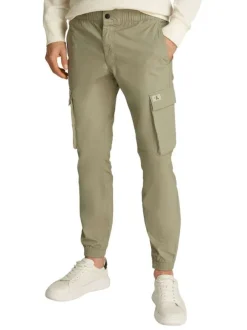 Cargo en coton kaki uni avec une coupe slim et une taille élastiquée