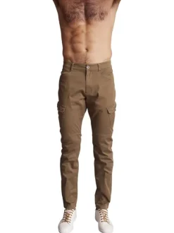 Cargo en coton kaki uni à coupe slim fit avec des passants à la taille