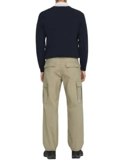 Cargo en coton mélangé beige uni à coupe regular fit avec des lacets sur le bas