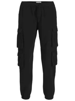 Cargo en coton noir uni à coupe droite et à taille mi-haute avec cordon