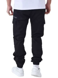 Cargo en coton noir uni slim avec poches zippées et fermeture à bouton et zip