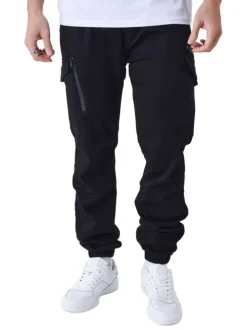 Cargo en coton noir uni slim avec poches zippées et fermeture à bouton et zip