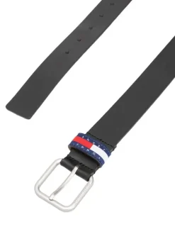 Ceinture en cuir lisse noire unie à boucle carrée argentée et à passant logo