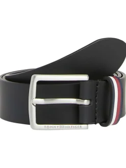 Ceinture en cuir noire unie avec boucle argentée avec nom de la marque