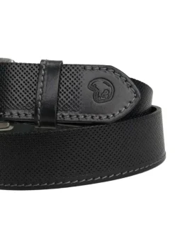 Ceinture en cuir noire unie avec des petits trous et nom de la marque