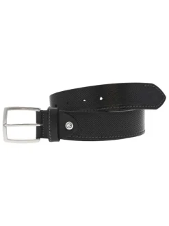 Ceinture en cuir noire unie avec des petits trous et nom de la marque