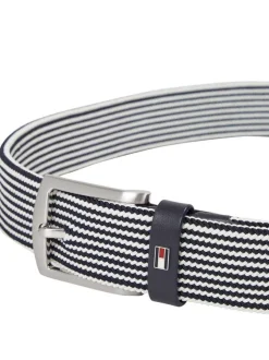 Ceinture marine rayée avec logo de la marque et une boucle argenté