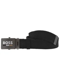 Ceinture noire unie avec nom de la marque sur la boucle de fermeture