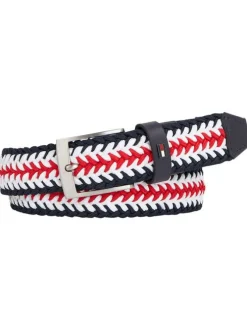 Ceinture tressée rouge tricolore avec boucle rectangulaire et argentée