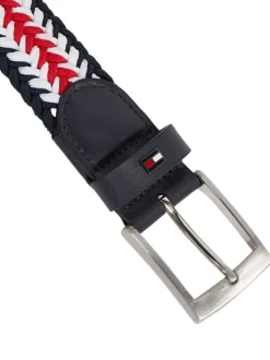Ceinture tressée rouge tricolore avec boucle rectangulaire et argentée