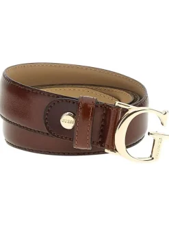 Ceinture camel unie avec boucle de la ceinture dorée au nom de la marque