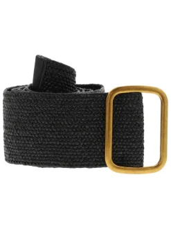 Ceinture effet raphia noire avec une grosse boucle en métal dorée