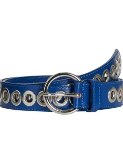 Ceinture en cuir bleue et argentée avec une boucle ronde et des œillets métalliques