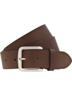 Ceinture en cuir camel unie réglable avec une boucle argentée