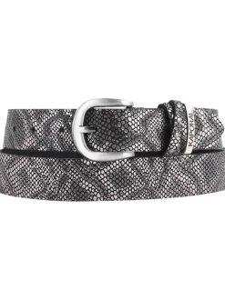Ceinture en cuir de vache noir imprimé reptile avec boucle argentée