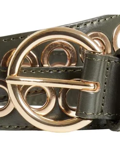 Ceinture en cuir kaki unie avec une boucle ronde et et des oeillets dorées