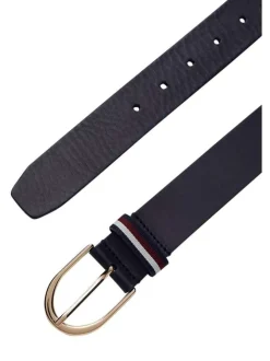 Ceinture en cuir lisse marine unie avec passant tricolore et boucle dorée