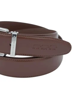 Ceinture en cuir marron uni avec un logo embossé et une boucle métallique