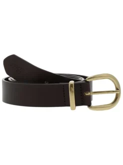 Ceinture en cuir marron unie à boucle métallique arrondie dorée