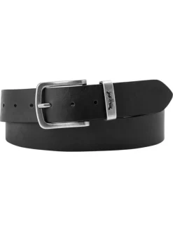 Ceinture en cuir noire unie avec boucle argentée et logo de la marque gravé