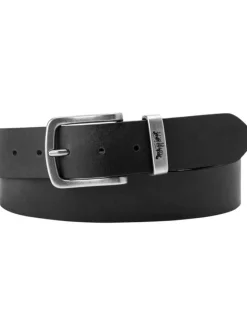 Ceinture en cuir noire unie avec boucle argentée et logo de la marque gravé