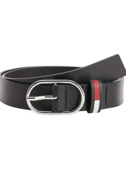 Ceinture en cuir noire unie avec boucle ovale argenté et gravure