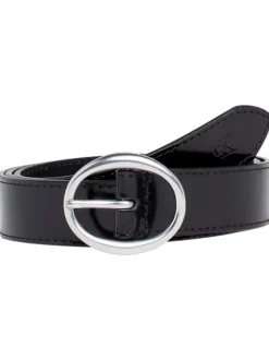 Ceinture en cuir noire unie avec effet brillant et une boucle ovale argentée