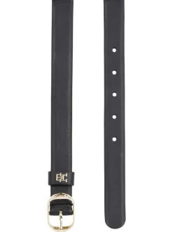 Ceinture en cuir noire unie avec une boucle ardillon ovale argentée