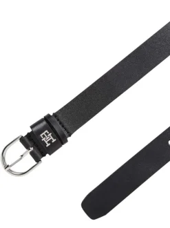 Ceinture en cuir noire unie lisse avec boucle argentée et monogramme