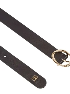 Ceinture en cuir noire unie lisse avec boucle dorée à double ovale et monogramme