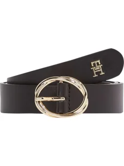 Ceinture en cuir noire unie lisse avec boucle dorée à double ovale et monogramme