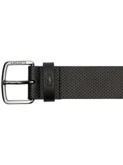 Ceinture en cuir noire unie réglable avec des minis perforations et le logo