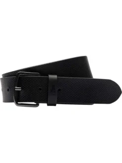 Ceinture en cuir noire unie réglable avec des minis perforations et le logo