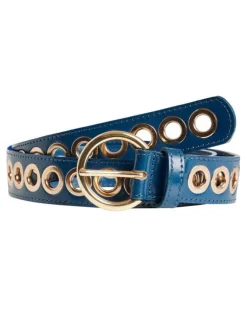 Ceinture en cuir pétrole unie avec une boucle et des oeillets dorées