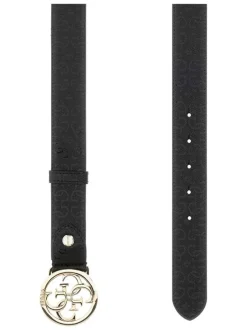 Ceinture noire grainée à imprimé monogrammes laqués avec une boucle dorée