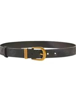 Ceinture noire unie aspect cuir grainé avec logos iconiques embossés et boucle ronde effet laiton